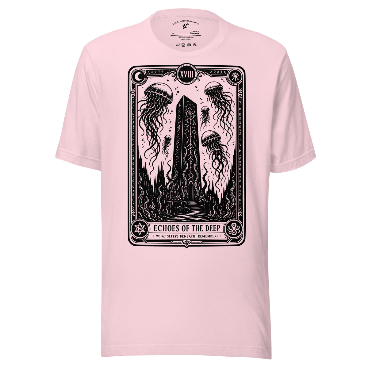 Echoes of the Deep graphic unisex t-shirt in soft pink, front view