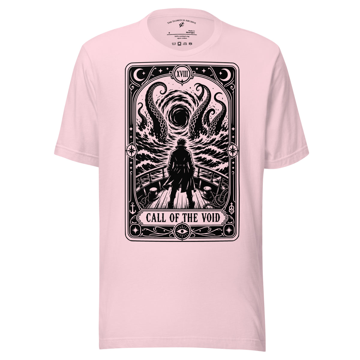 Call of the Void graphic unisex t-shirt in soft pink, front view