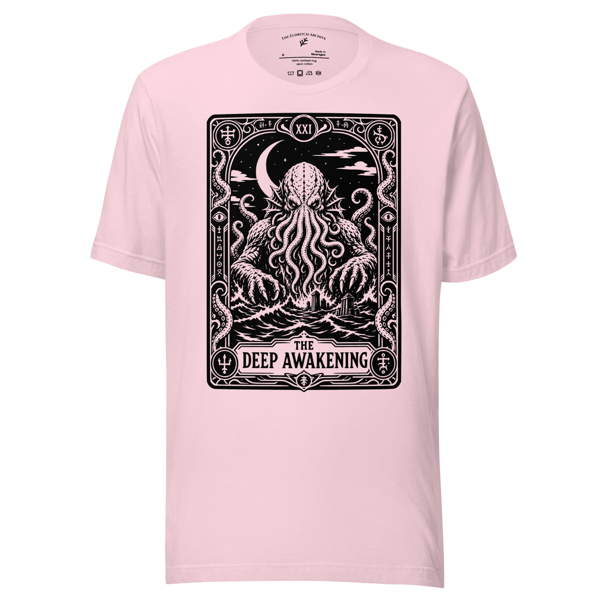 The Deep Awakening graphic unisex t-shirt in soft pink, front view
