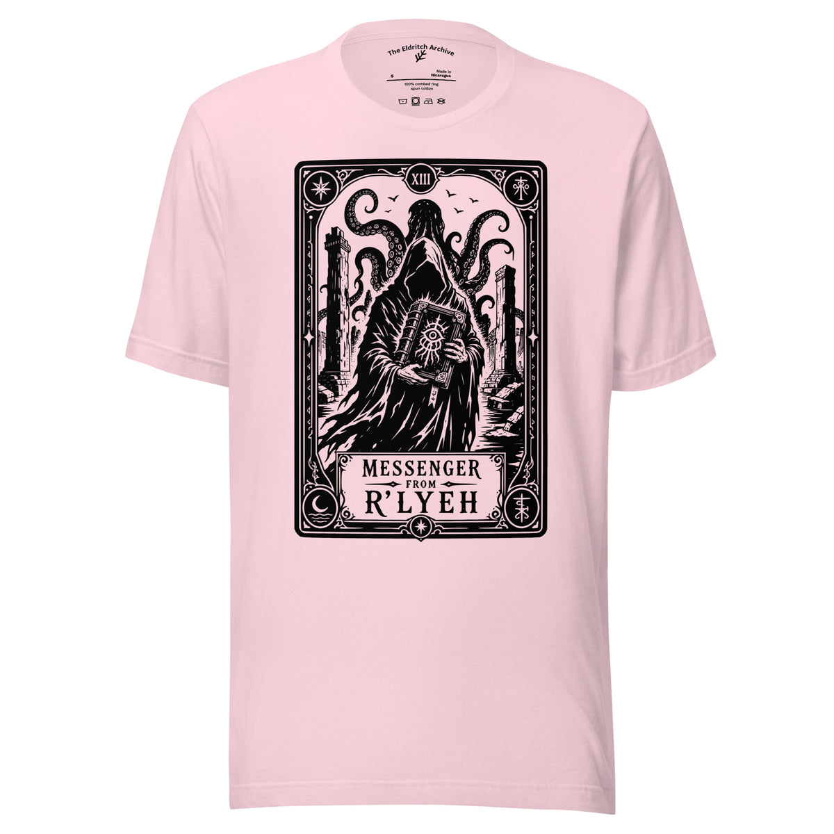 Messenger From R'lyeh graphic unisex t-shirt in soft pink, front view