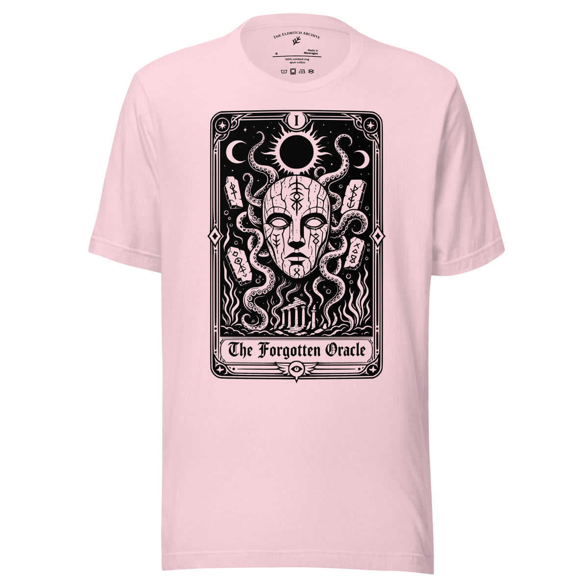 The Forgotten Oracle graphic unisex t-shirt in soft pink, front view