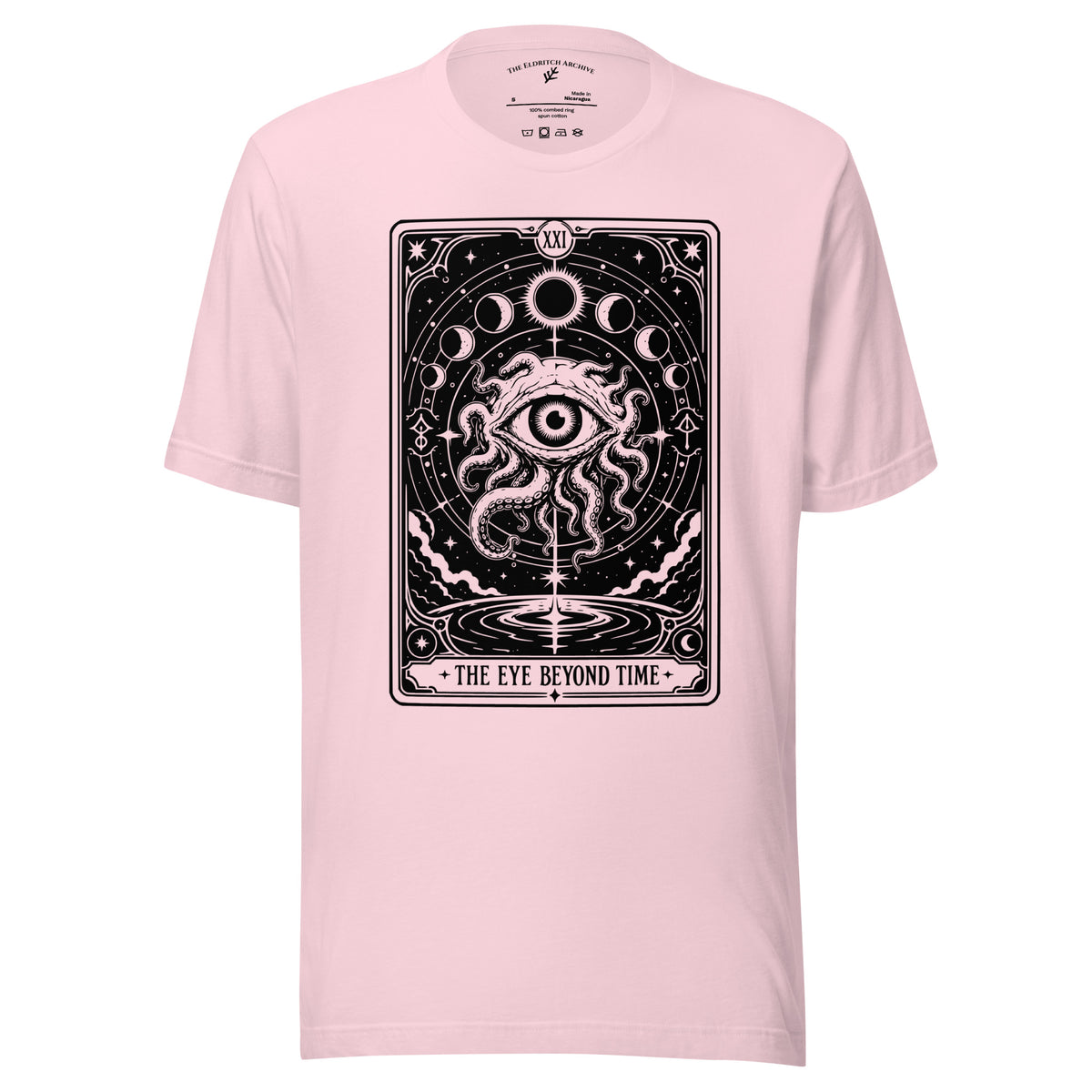 The Eye Beyond Time graphic unisex t-shirt in soft pink, front view