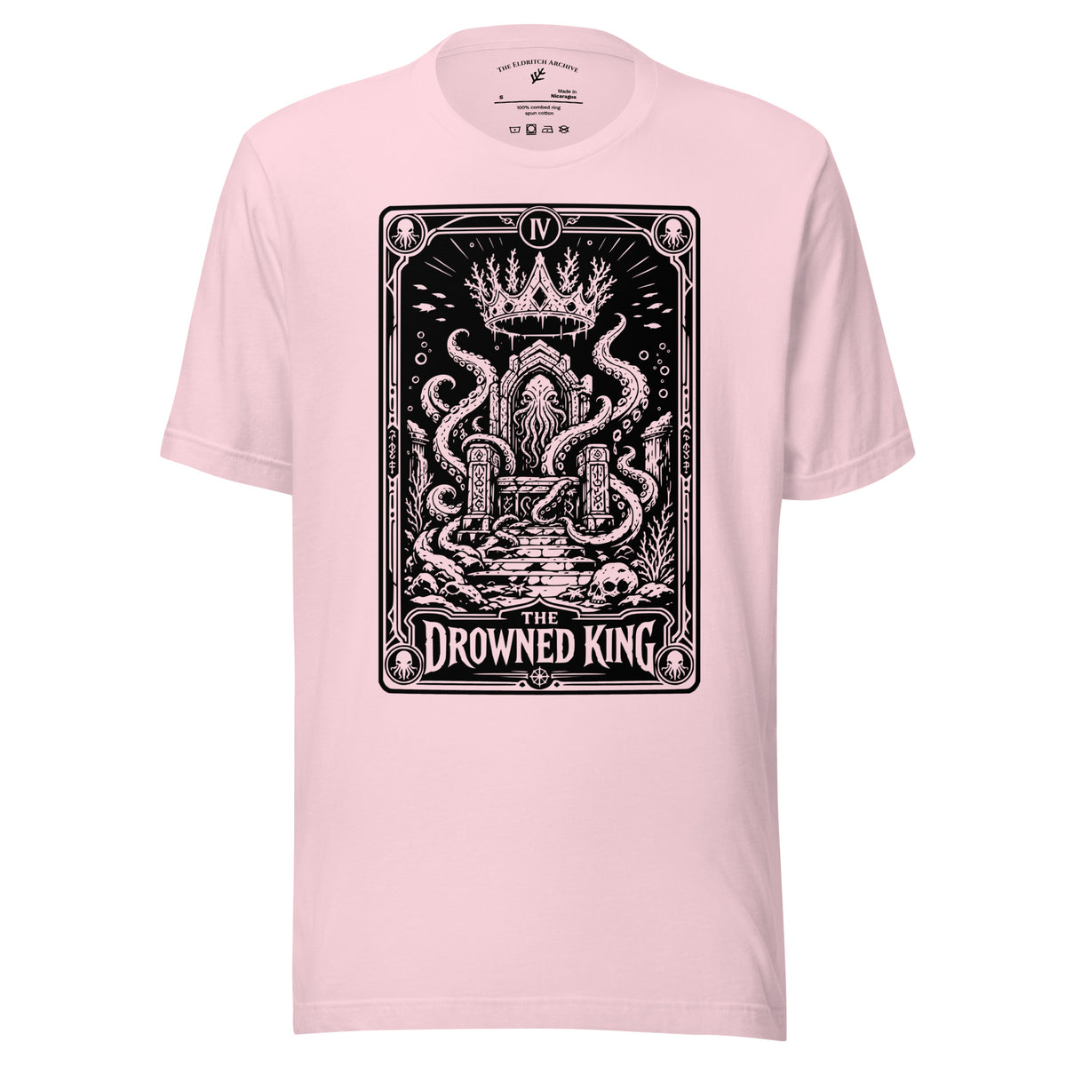The Drowned King graphic unisex t-shirt in soft pink, front view