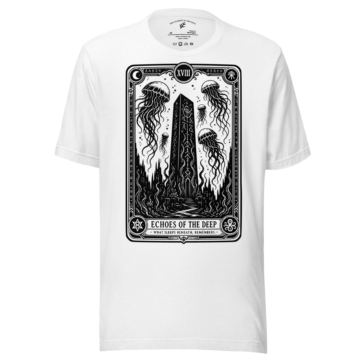 Echoes of the Deep graphic unisex t-shirt in solid white blend, front view