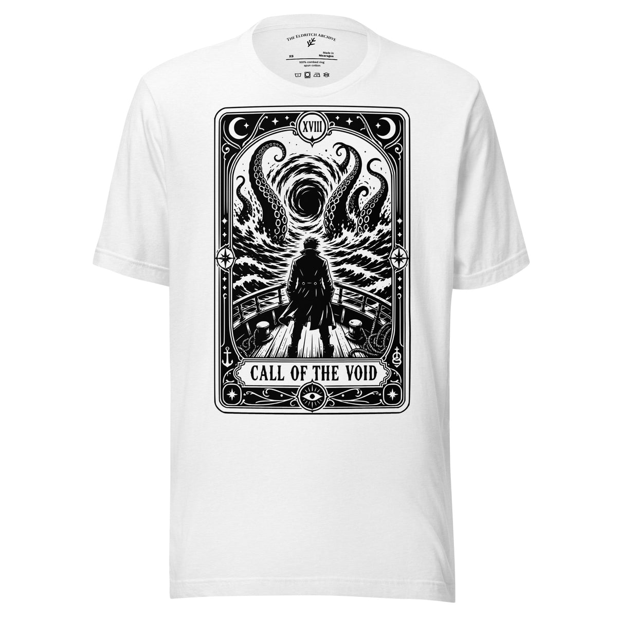 Call of the Void graphic unisex t-shirt in solid white blend, front view