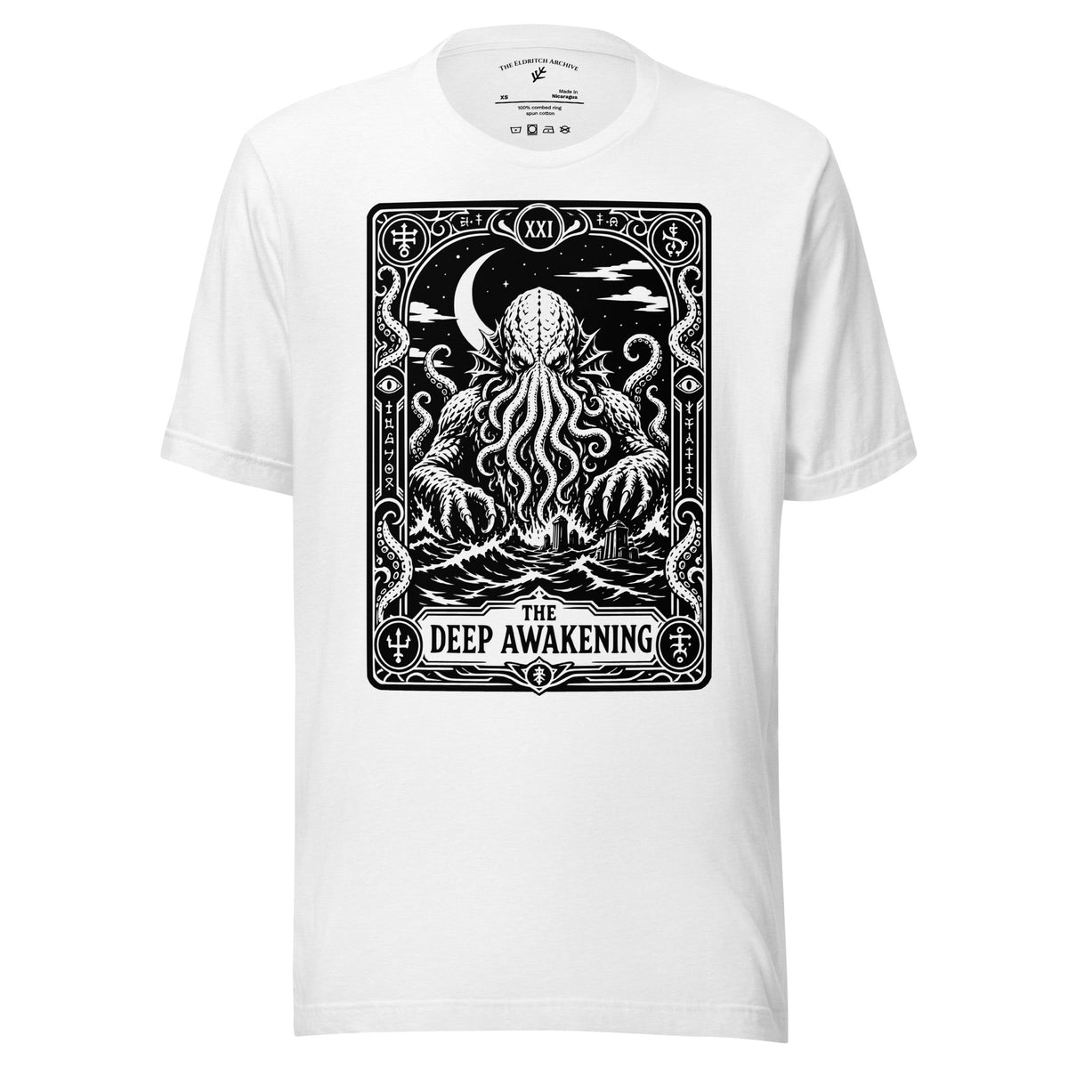 The Deep Awakening graphic unisex t-shirt in solid white blend, front view