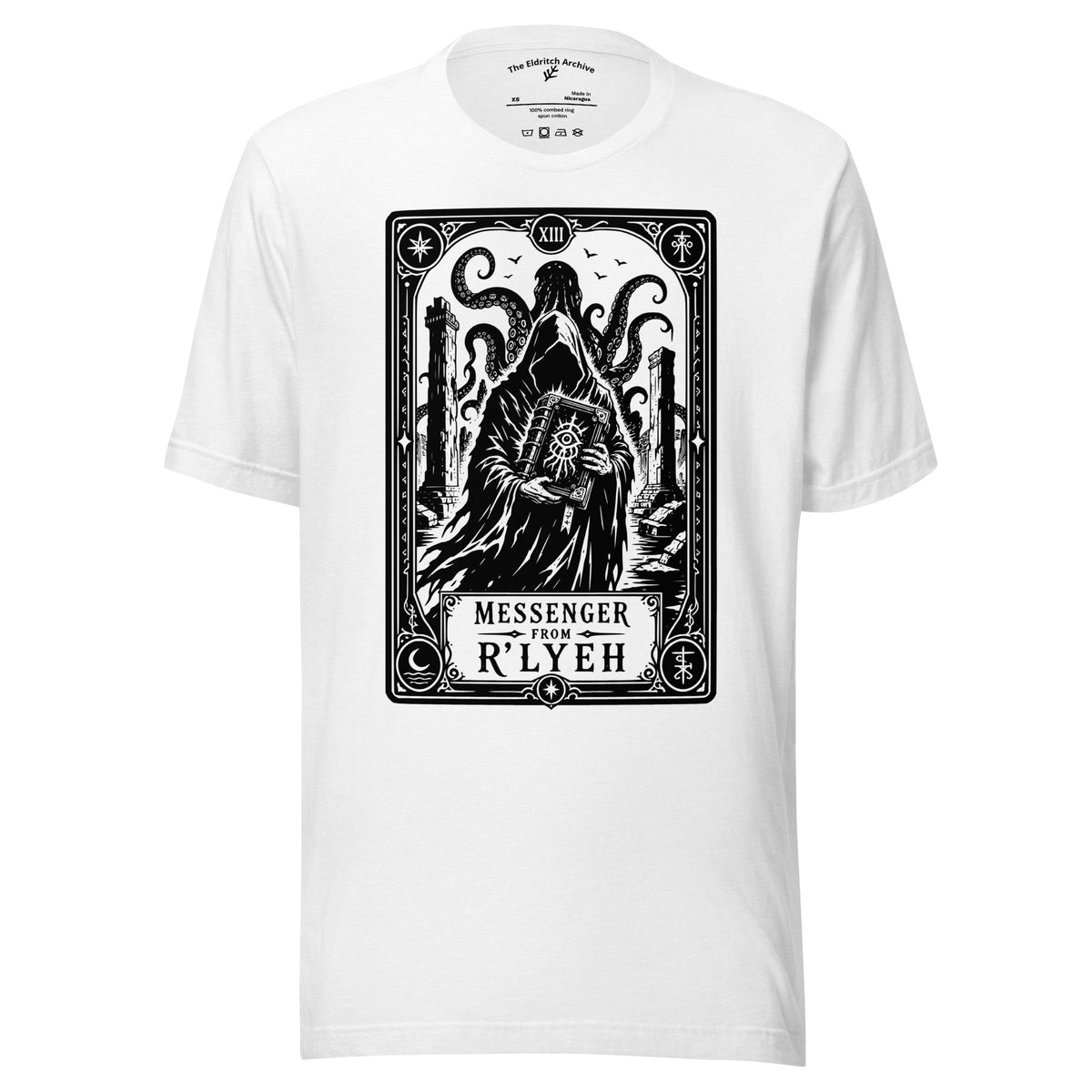 Messenger From R'lyeh graphic unisex t-shirt in solid white blend, front view