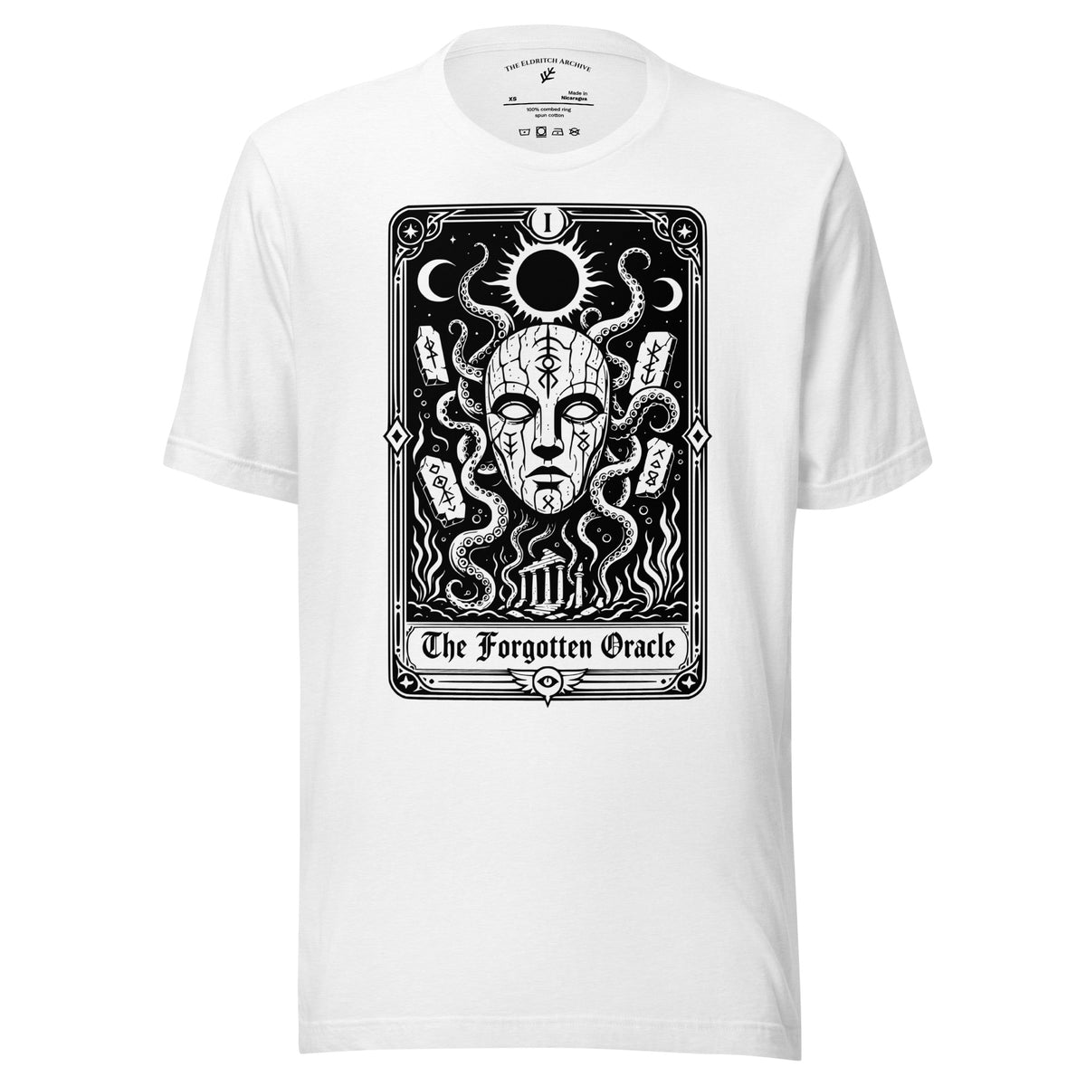 The Forgotten Oracle graphic unisex t-shirt in solid white blend, front view