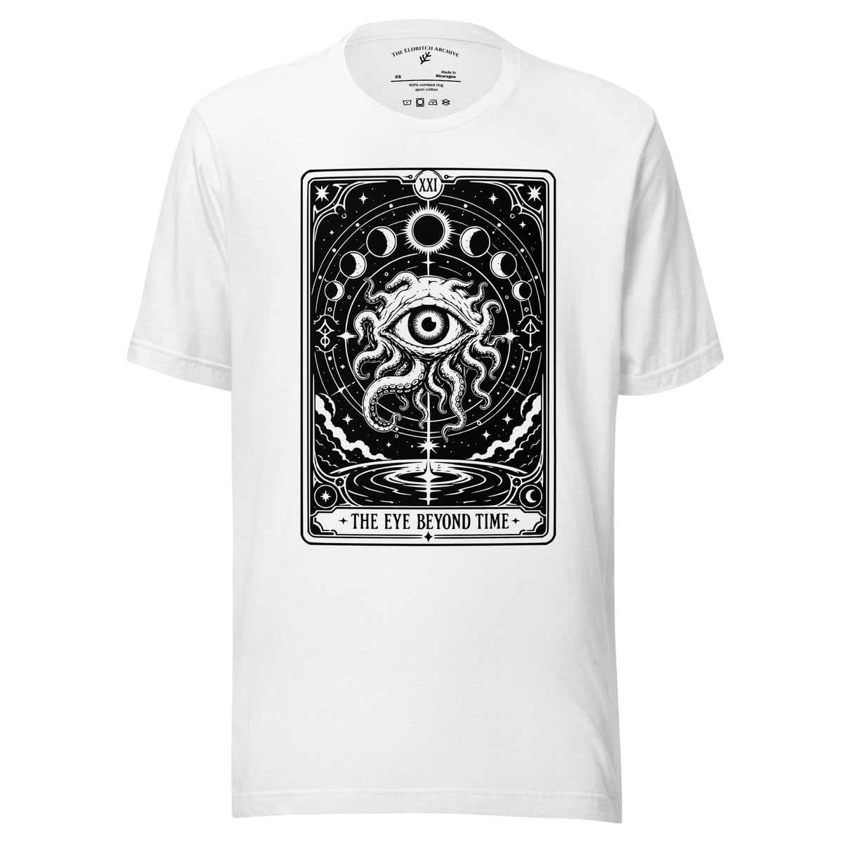 The Eye Beyond Time graphic unisex t-shirt in solid white blend, front view