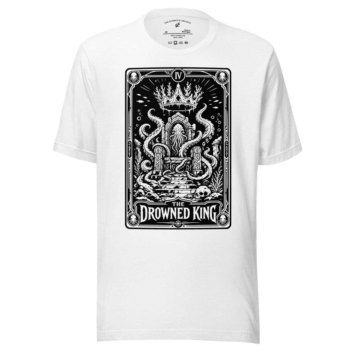 The Drowned King graphic unisex t-shirt in solid white blend, front view