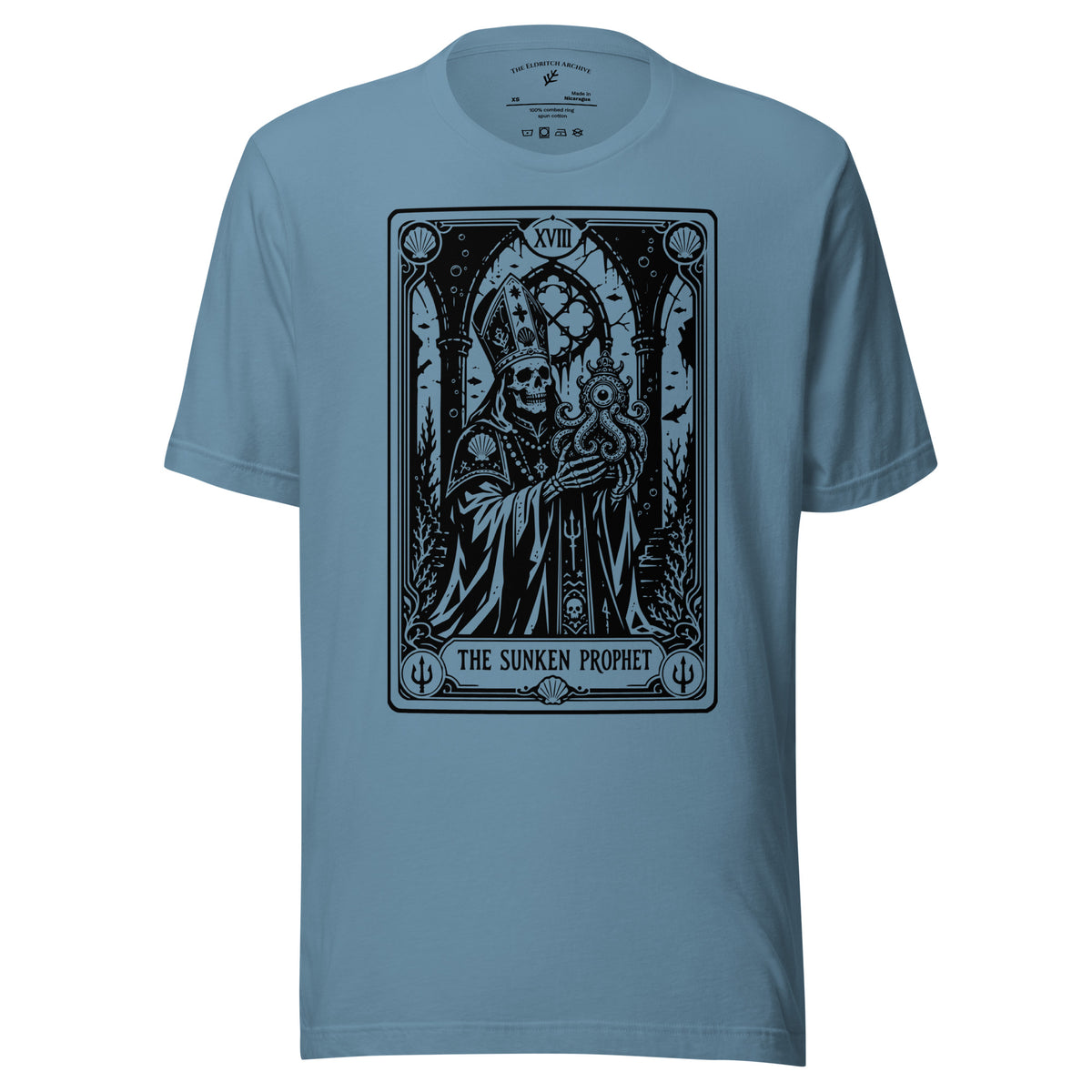 The Sunken Prophet graphic unisex t-shirt in steel blue, front view