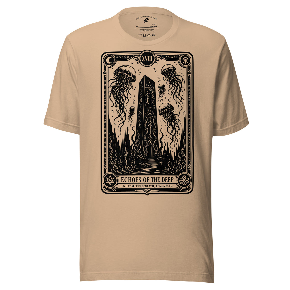 Echoes of the Deep graphic unisex t-shirt in tan, front view