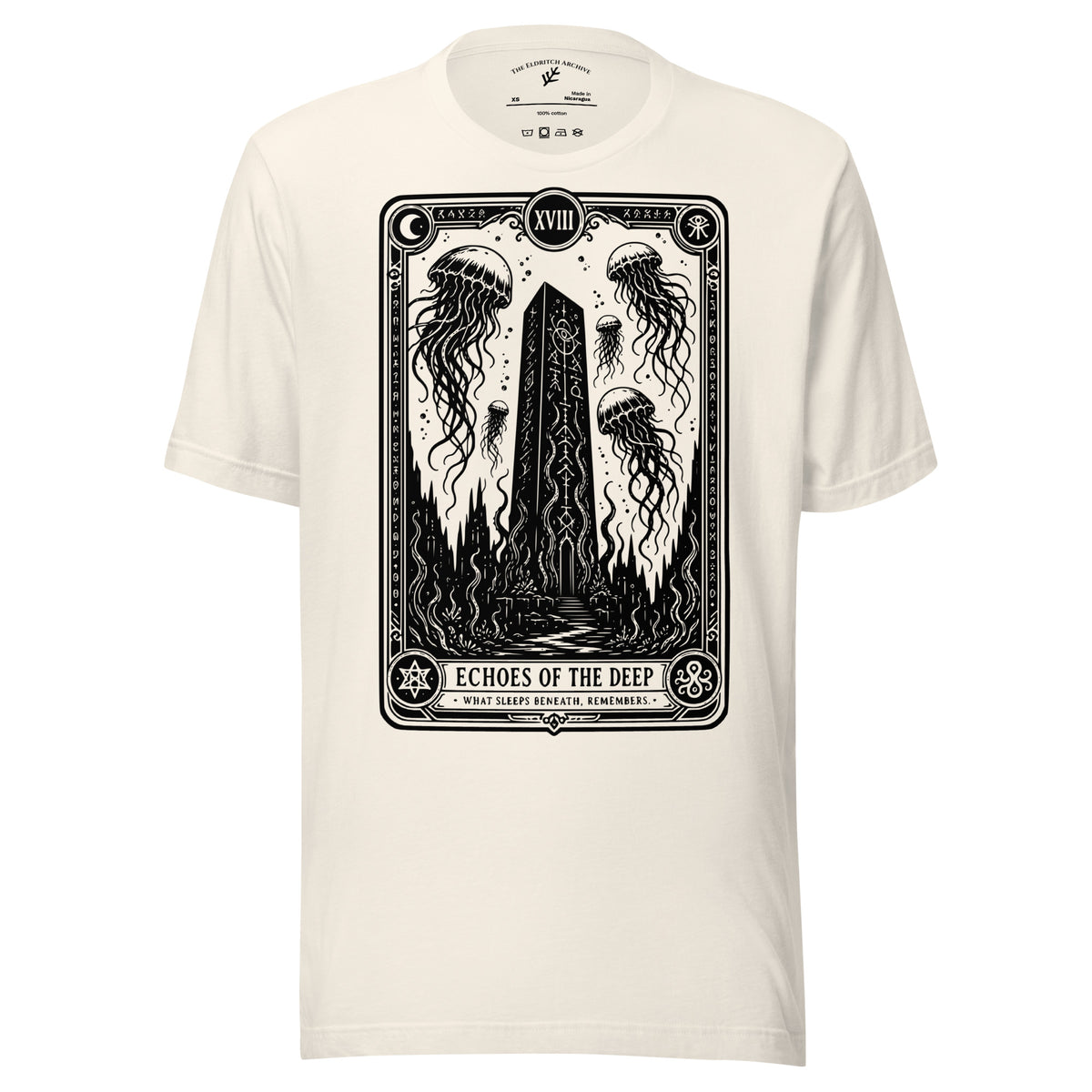 Echoes of the Deep graphic unisex t-shirt in vintage white, front view