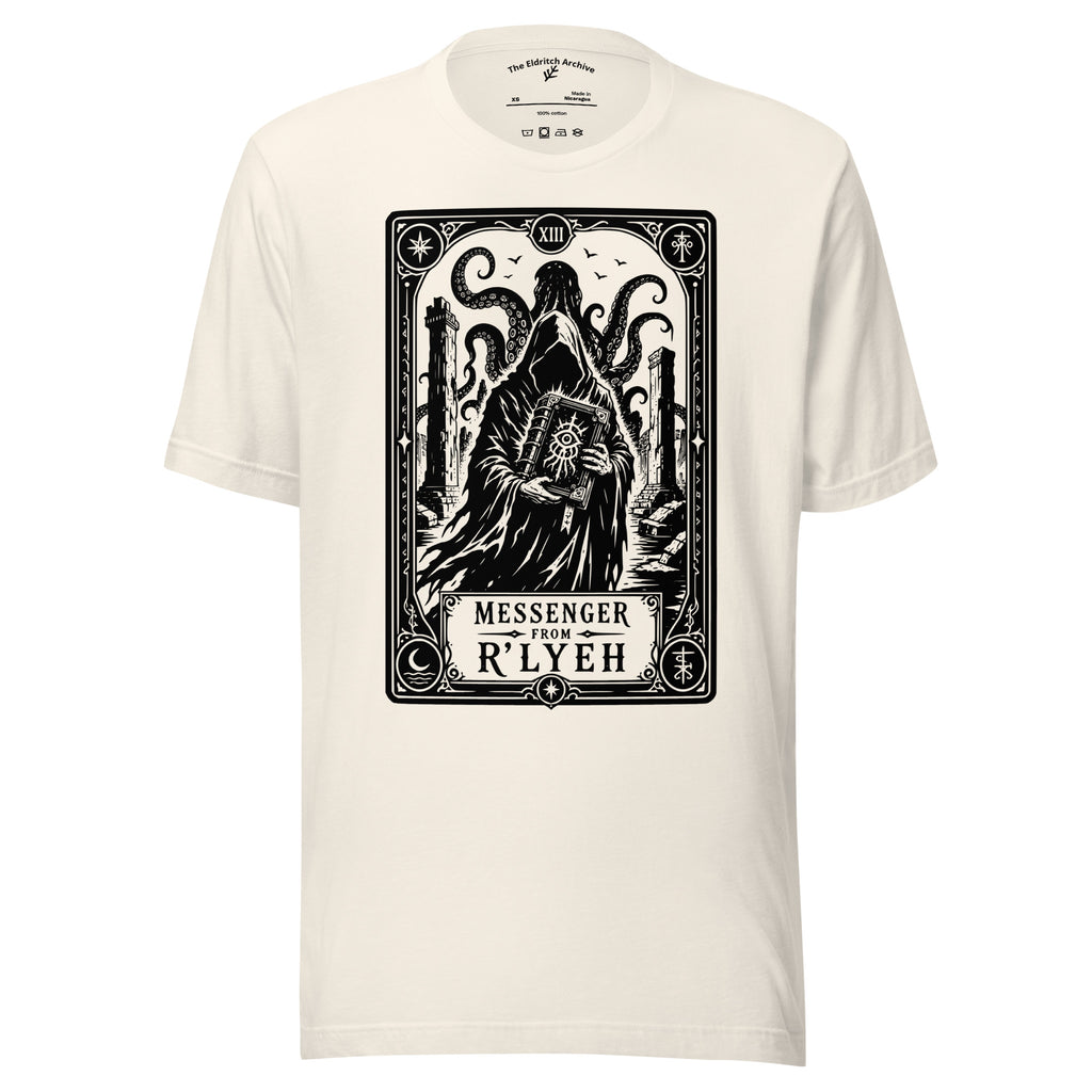 Messenger From R'lyeh graphic unisex t-shirt in vintage white, front view