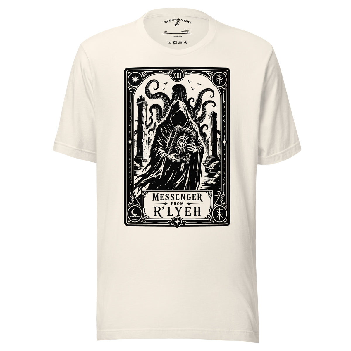 Messenger From R'lyeh graphic unisex t-shirt in vintage white, front view