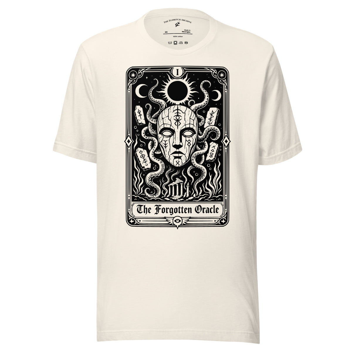 The Forgotten Oracle graphic unisex t-shirt in vintage white, front view