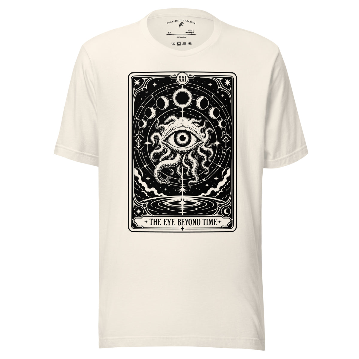 The Eye Beyond Time graphic unisex t-shirt in vintage white, front view