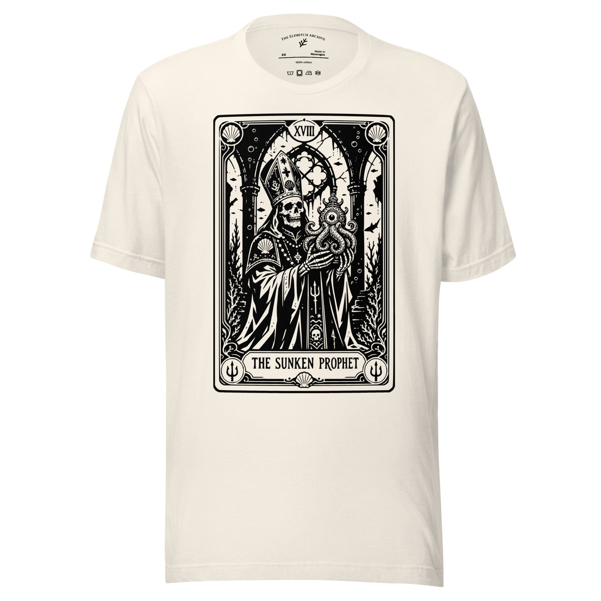 The Sunken Prophet graphic unisex t-shirt in vintage white, front view