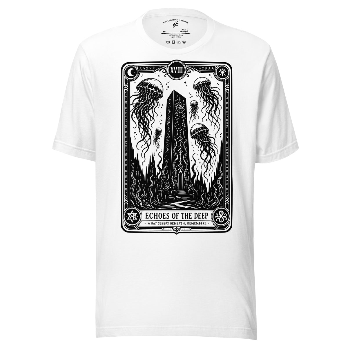 Echoes of the Deep graphic unisex t-shirt in white, front view