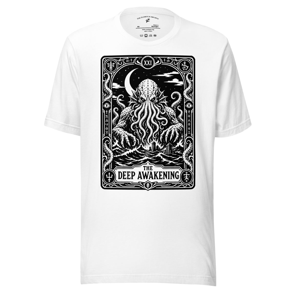 The Deep Awakening graphic unisex t-shirt in white, front view