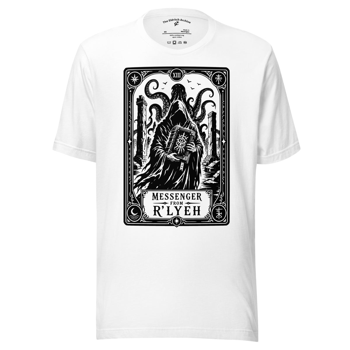 Messenger From R'lyeh graphic unisex t-shirt in white, front view