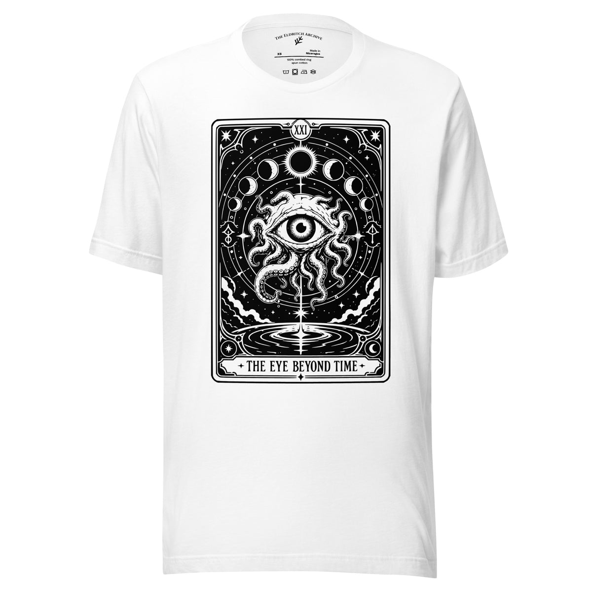 The Eye Beyond Time graphic unisex t-shirt in white, front view