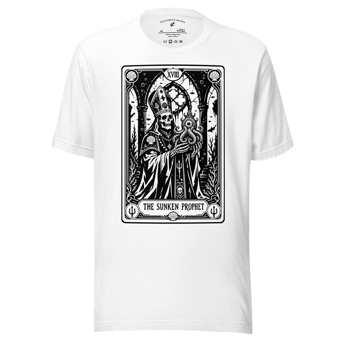 The Sunken Prophet graphic unisex t-shirt in white, front view