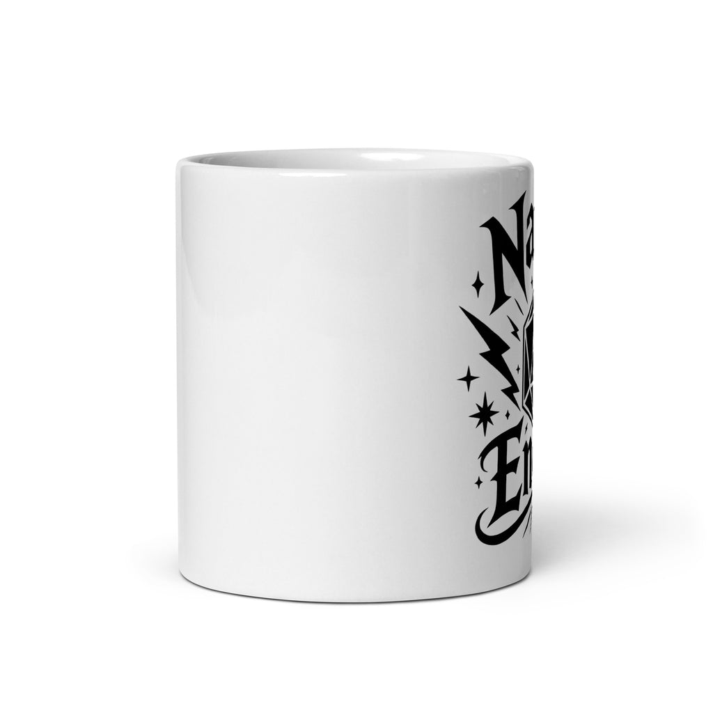 Nat 20 Energy white ceramic coffee mug, 11 oz, front view