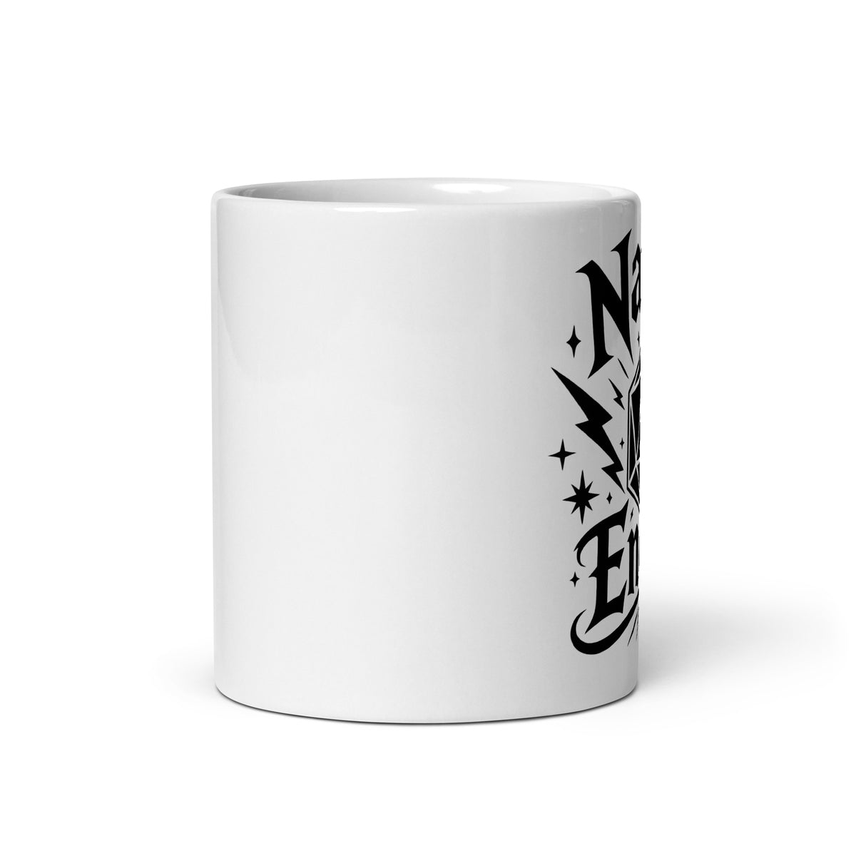 Nat 20 Energy white ceramic coffee mug, 11 oz, front view