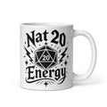 Nat 20 Energy white ceramic coffee mug, 11 oz, handle on right