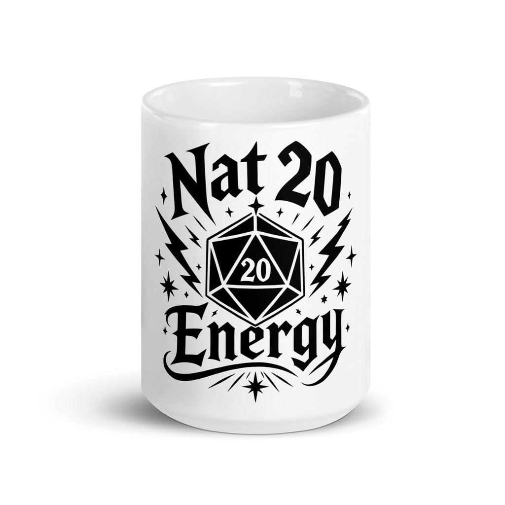 Nat 20 Energy white ceramic coffee mug, 15 oz, front view