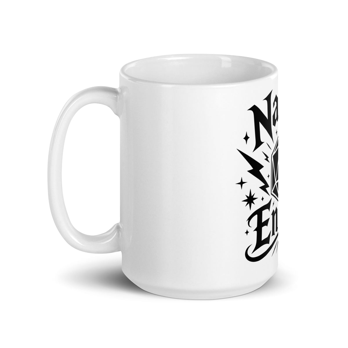 Nat 20 Energy white ceramic coffee mug, 15 oz, handle on left