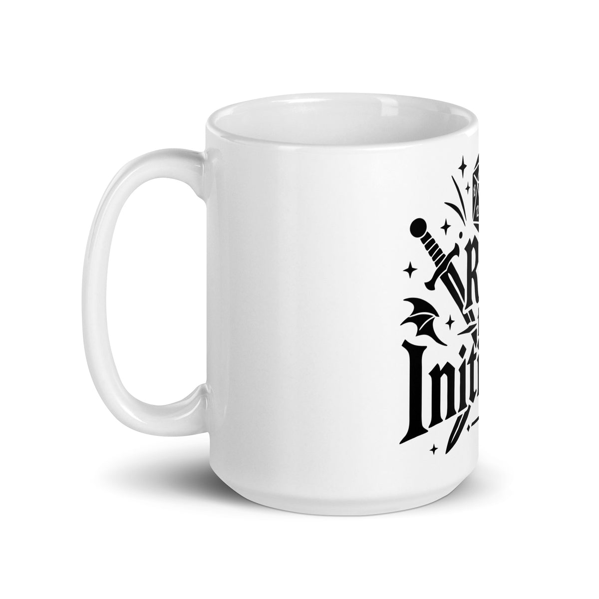 Roll for Initiative white ceramic coffee mug, 15 oz, handle on left