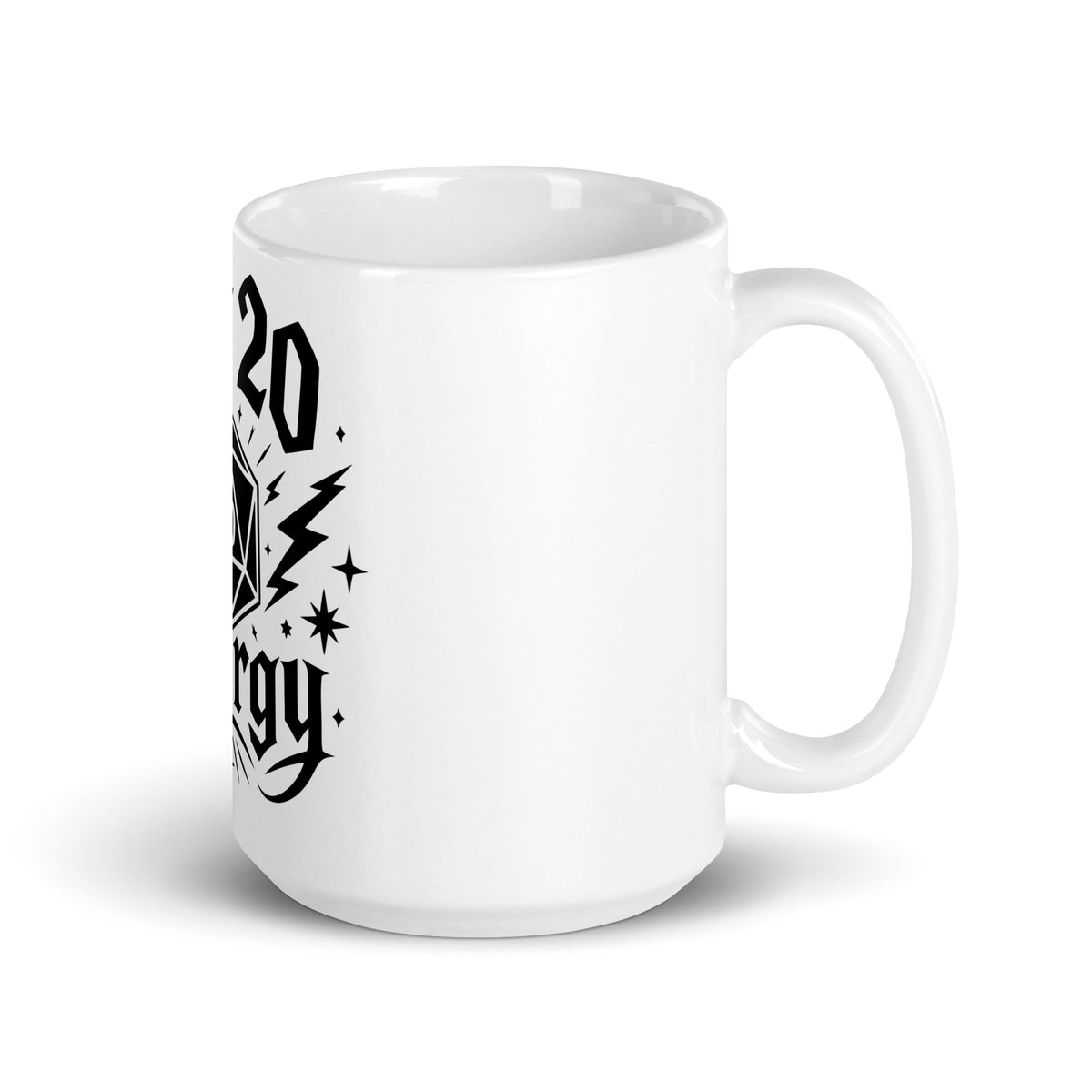 Nat 20 Energy white ceramic coffee mug, 15 oz, handle on right