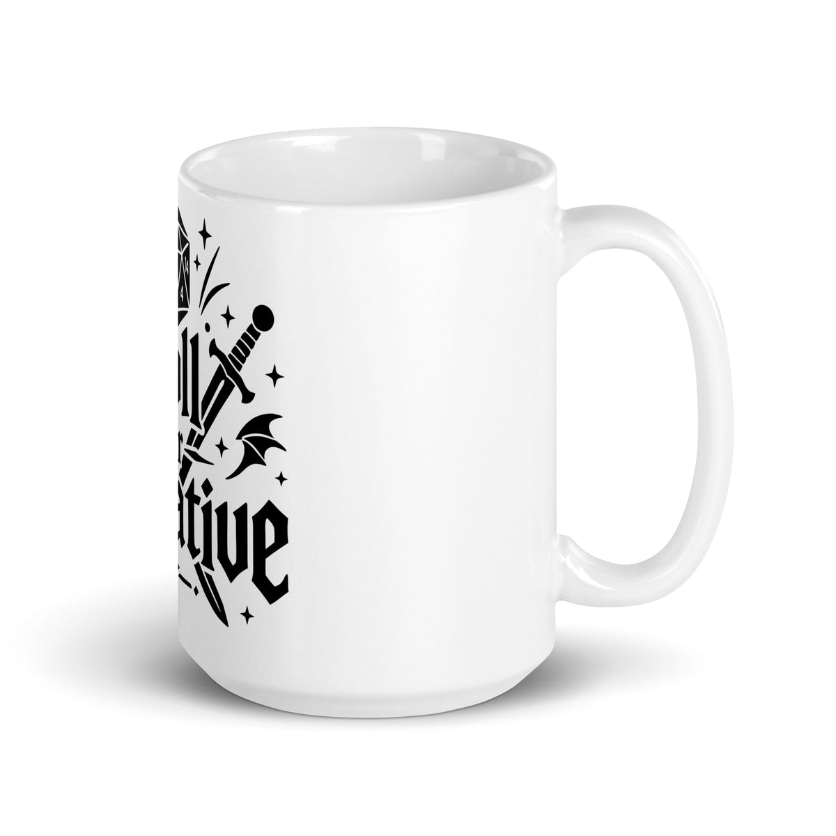 Roll for Initiative white ceramic coffee mug, 15 oz, handle on right