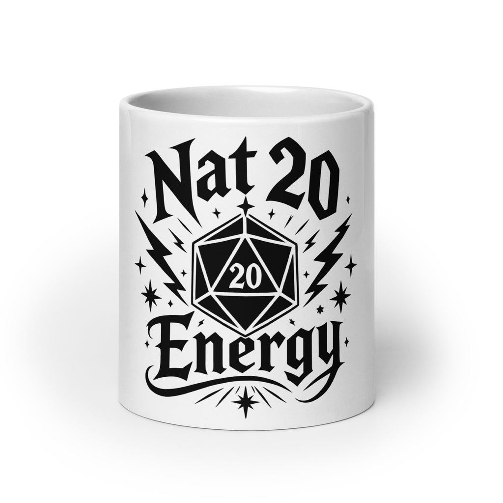 Nat 20 Energy white ceramic coffee mug, 20 oz, front view
