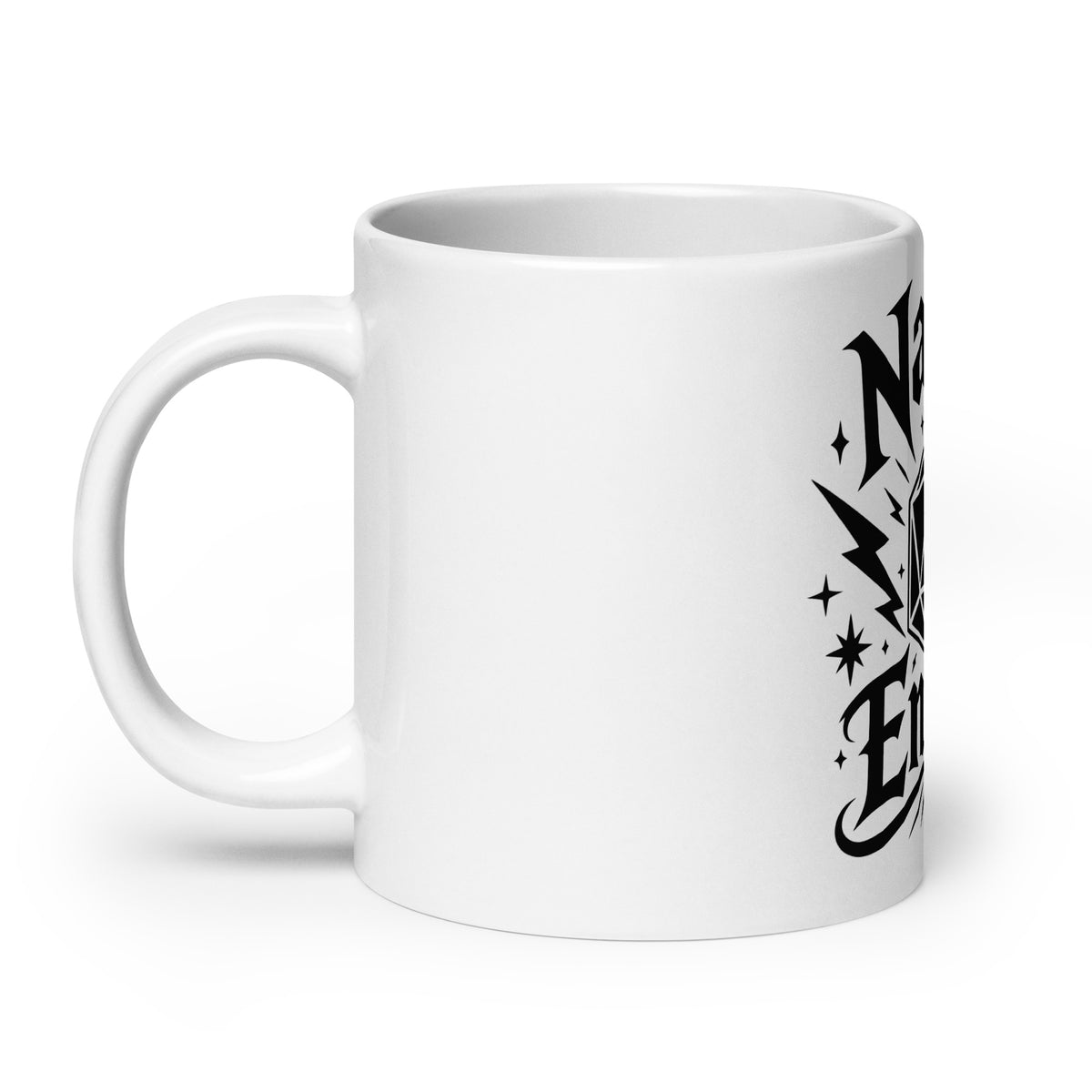 Nat 20 Energy white ceramic coffee mug, 20 oz, handle on left