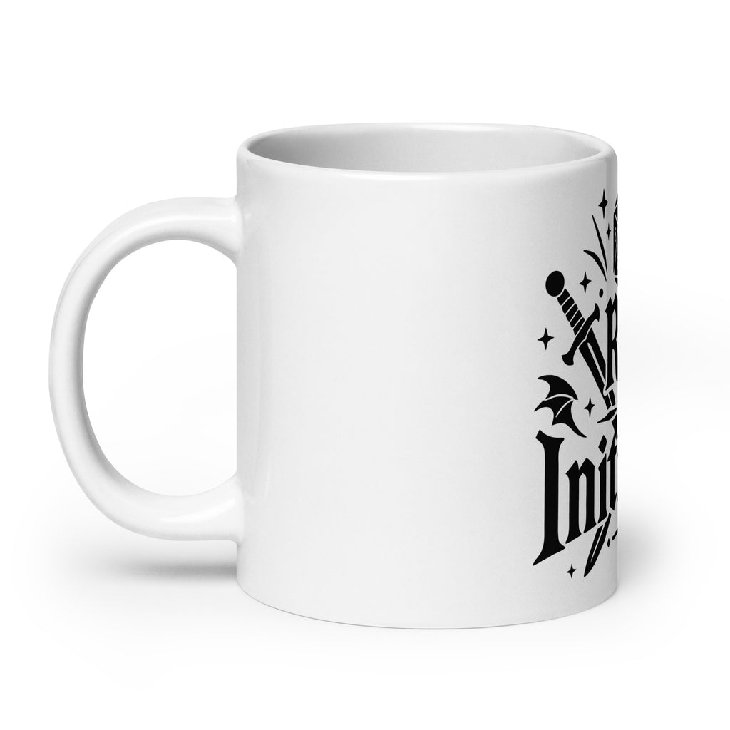 Roll for Initiative white ceramic coffee mug, 20 oz, handle on left