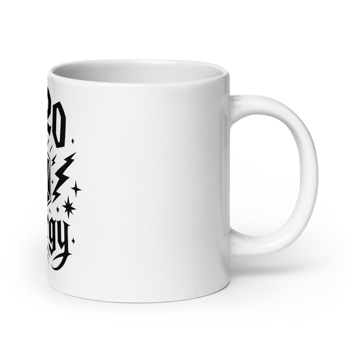Nat 20 Energy white ceramic coffee mug, 20 oz, handle on right